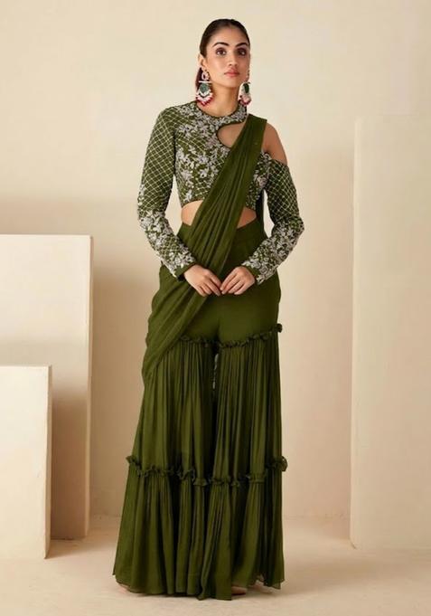 Olive Green Hand Work Georgette Fusion Set