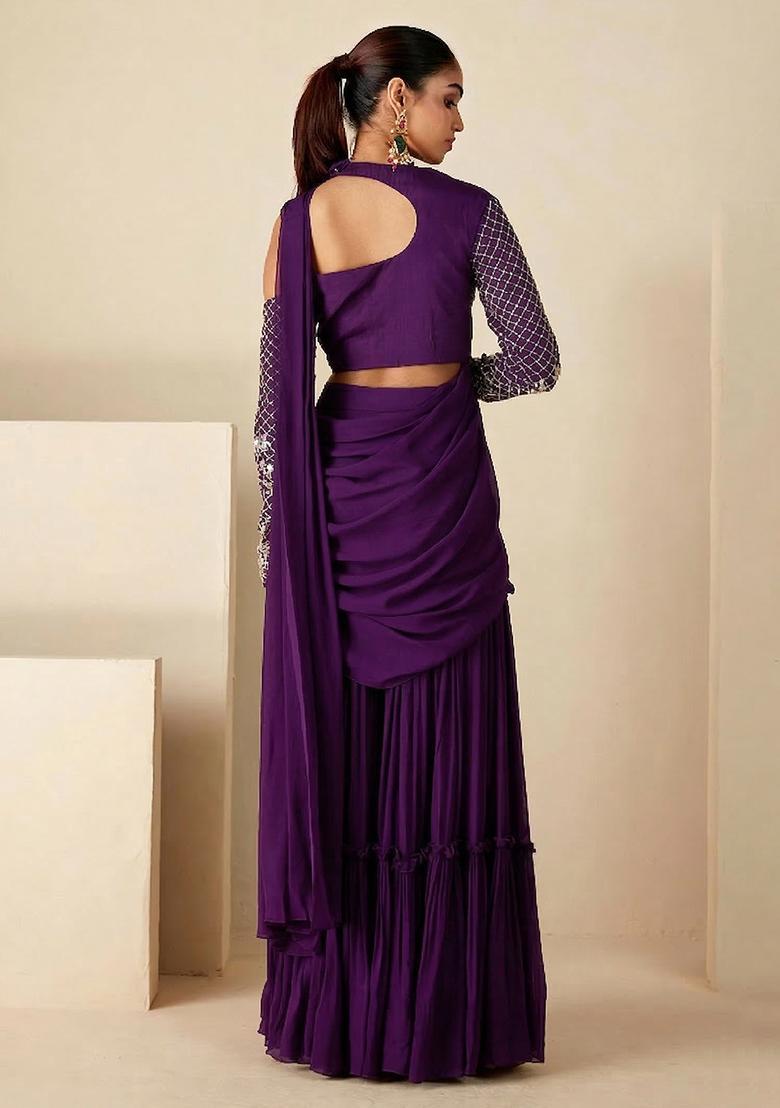 Purple Hand Work Georgette Fusion Set - Indya