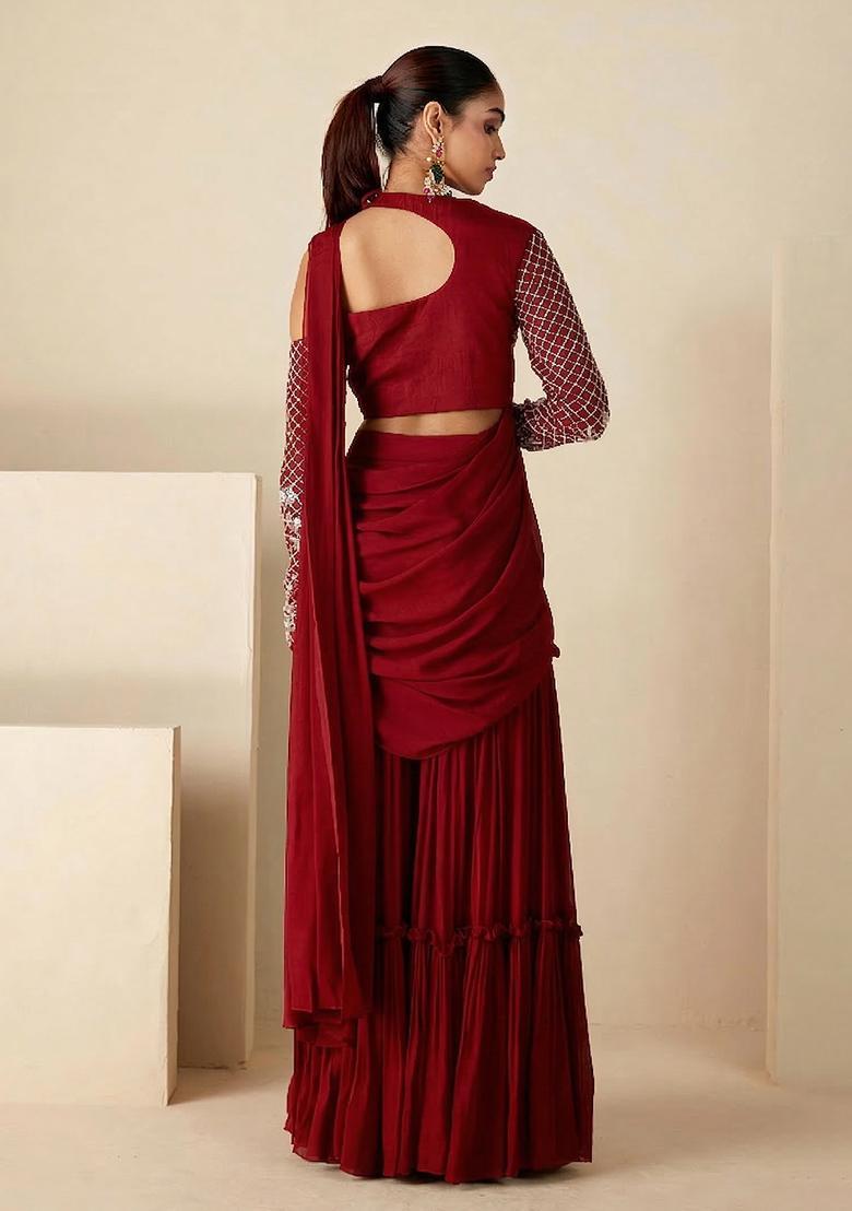 Deep Red Hand Work Georgette Fusion Set - Indya