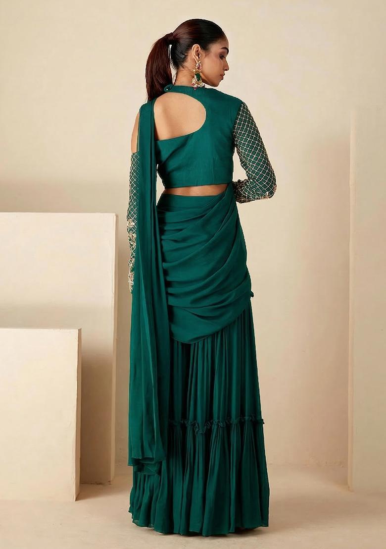 Teal Green Hand Work Georgette Fusion Set - Indya