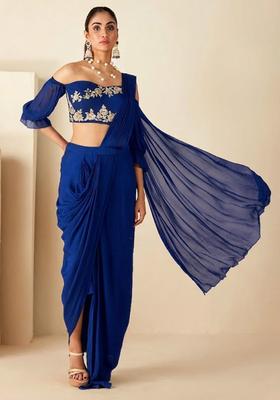 Royal Blue Hand Work Georgette Pre Draped Saree Set