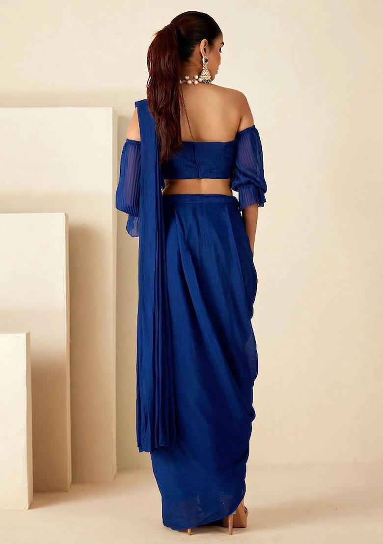 Royal Blue Hand Work Georgette Pre Draped Saree Set - Indya