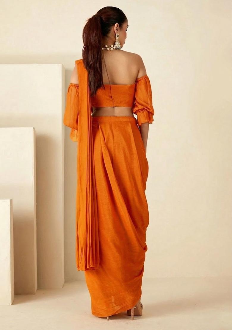 Orange Hand Work Georgette Pre Draped Saree Set - Indya