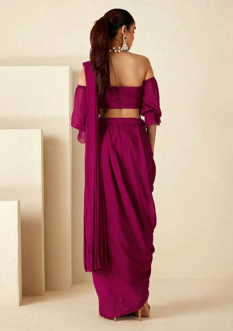 Hot Pink Hand Work Georgette Pre Draped Saree Set - Indya