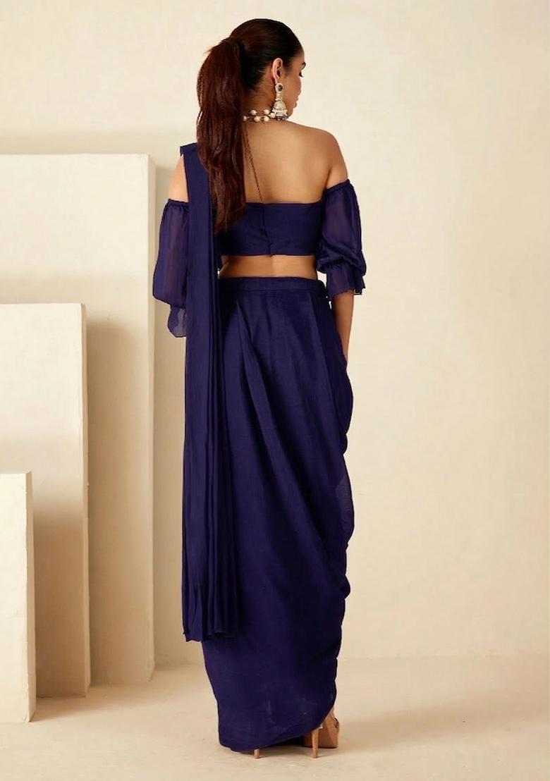 Deep Blue Hand Work Georgette Pre Draped Saree Set - Indya