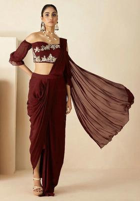 Brown Hand Work Georgette Pre Draped Saree Set