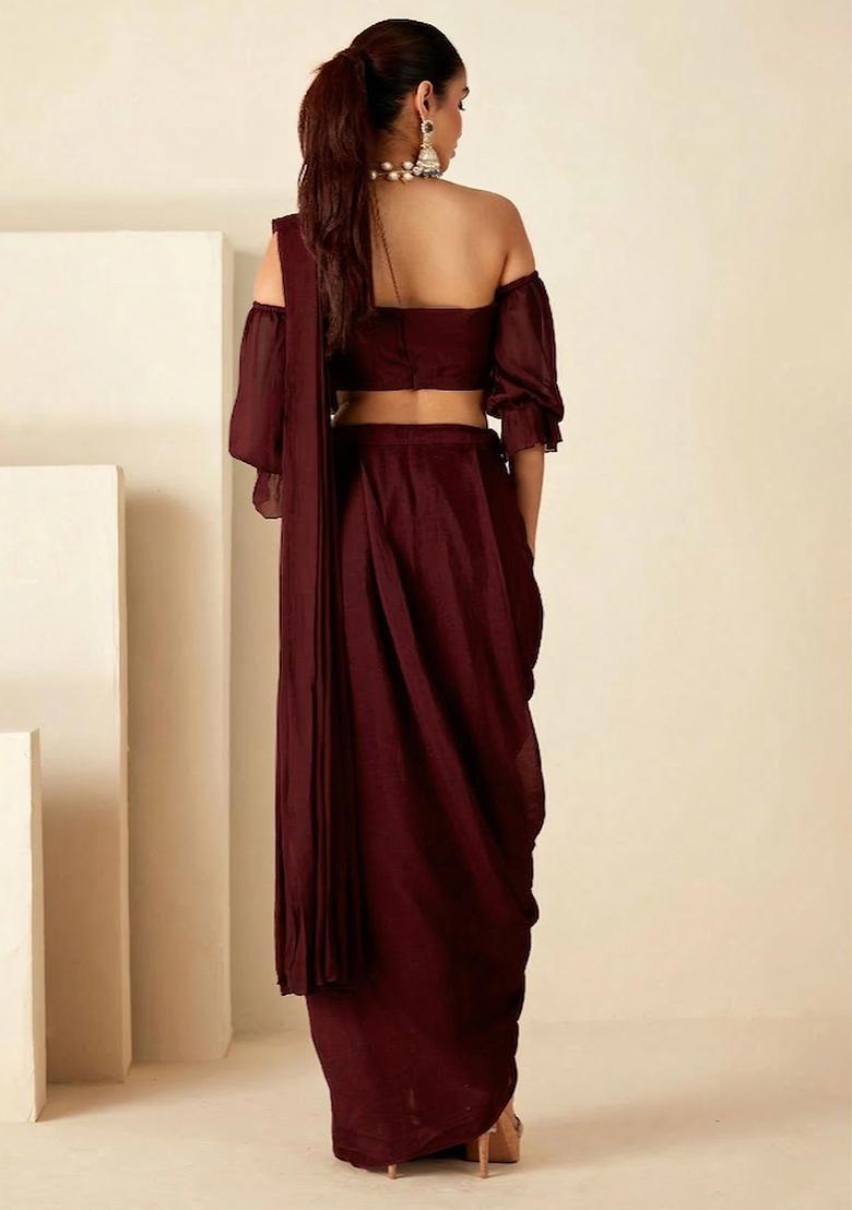 Brown Hand Work Georgette Pre Draped Saree Set - Indya