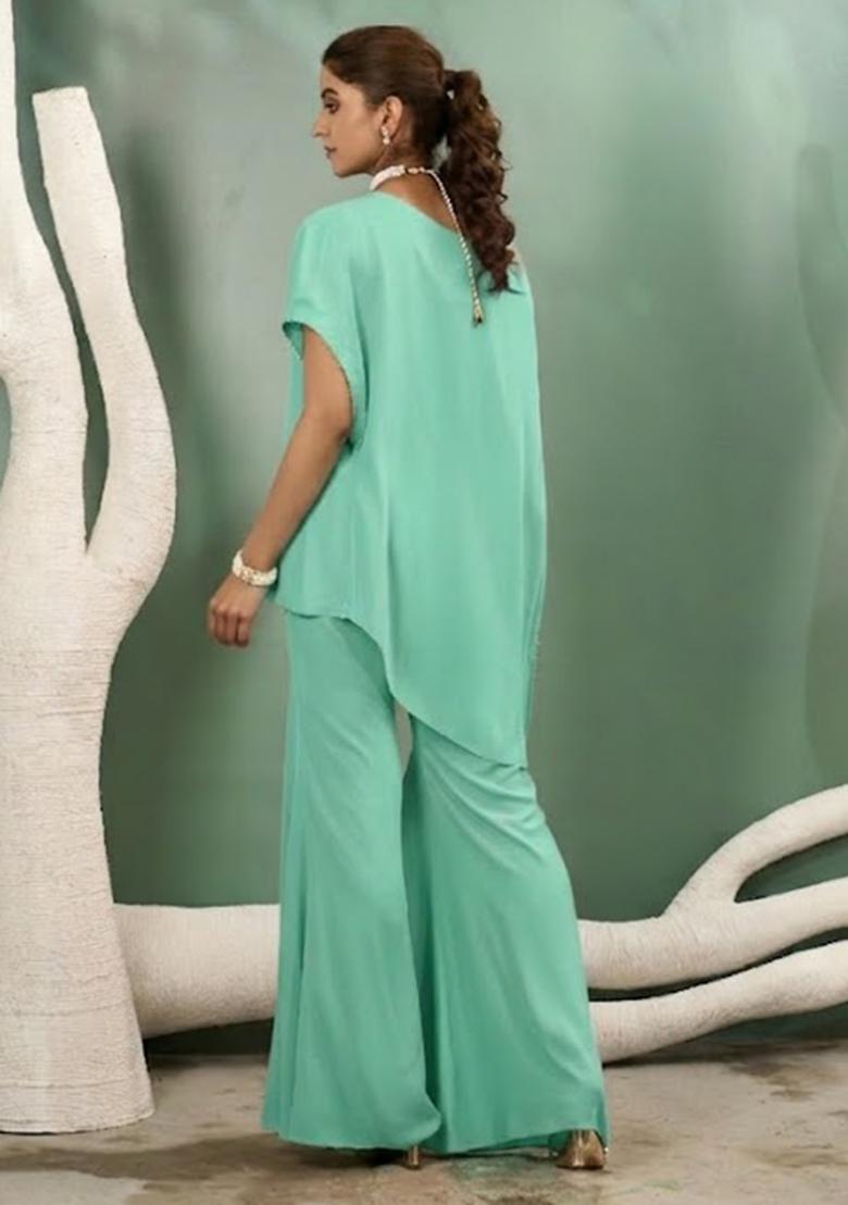 Sea Green Hand Work Crepe Fusion Set - Indya