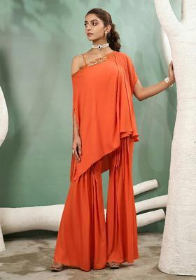 Orange Hand Work Crepe Fusion Set
