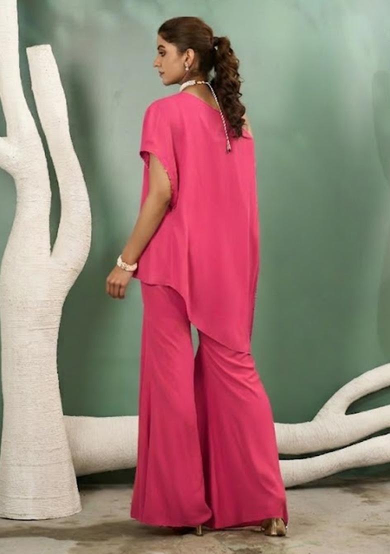 Pink Hand Work Crepe Fusion Set - Indya