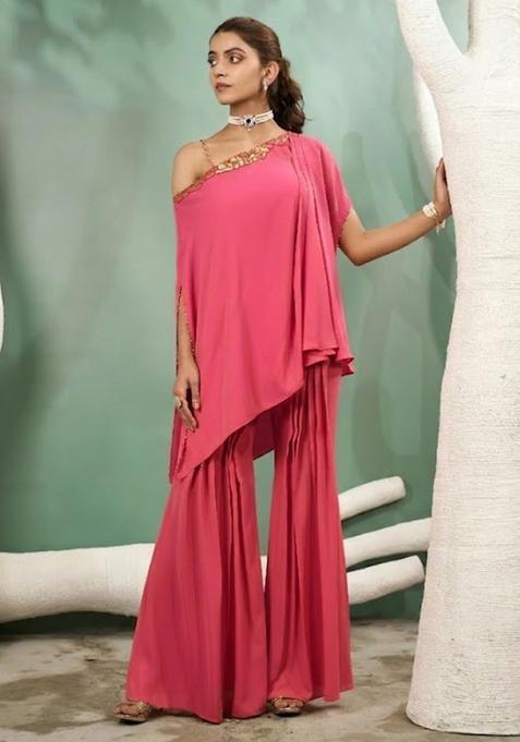 Pink Hand Work Crepe Fusion Set