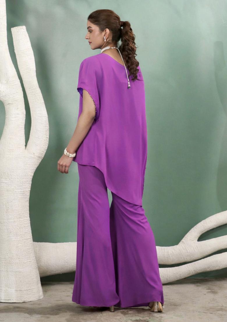 Purple Hand Work Crepe Fusion Set - Indya
