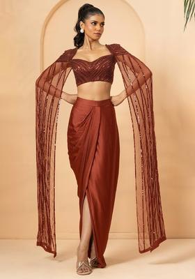 Rust Brown Hand Work Satin Fusion Set