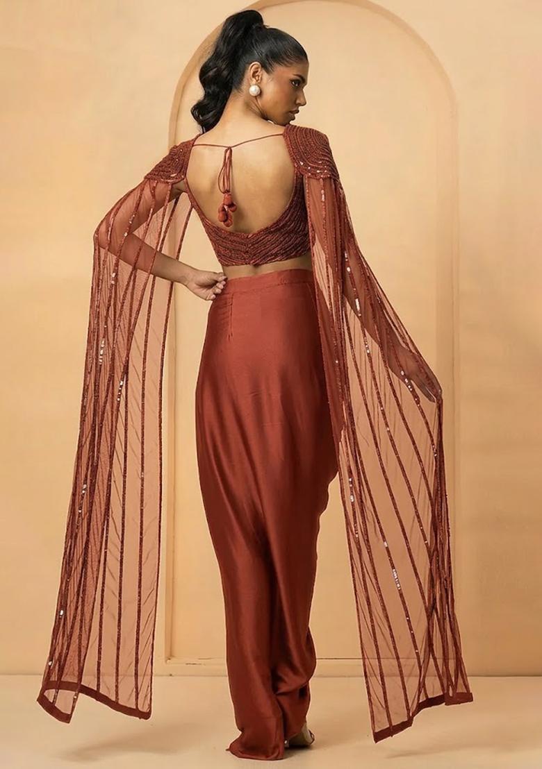 Rust Brown Hand Work Satin Fusion Set - Indya