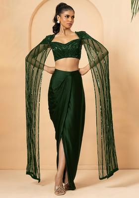 Deep Green Hand Work Satin Fusion Set