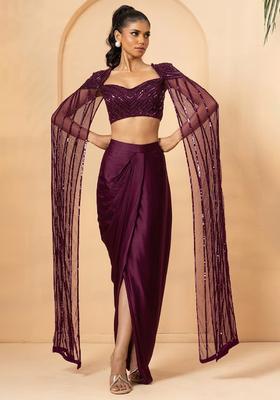 Deep Plum Hand Work Satin Fusion Set
