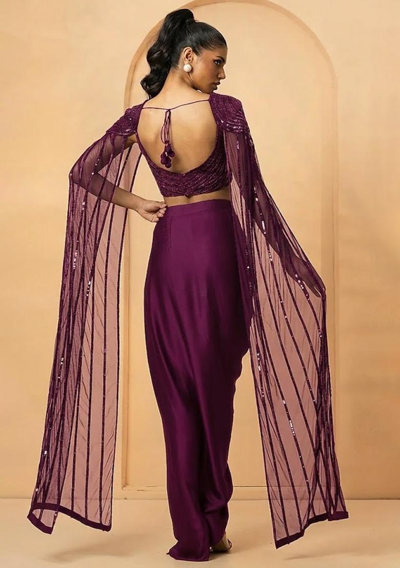 Deep Plum Hand Work Satin Fusion Set - Indya