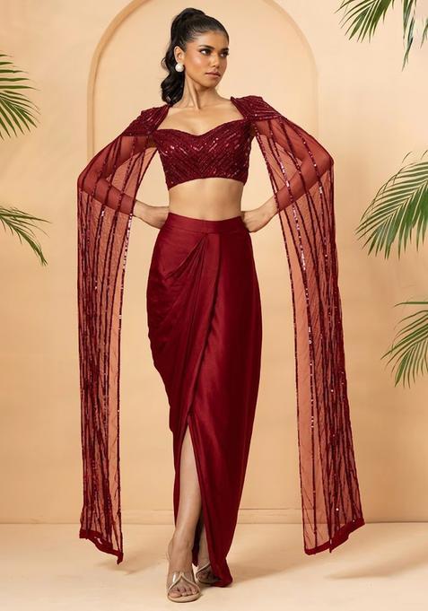 Red Hand Work Satin Fusion Set