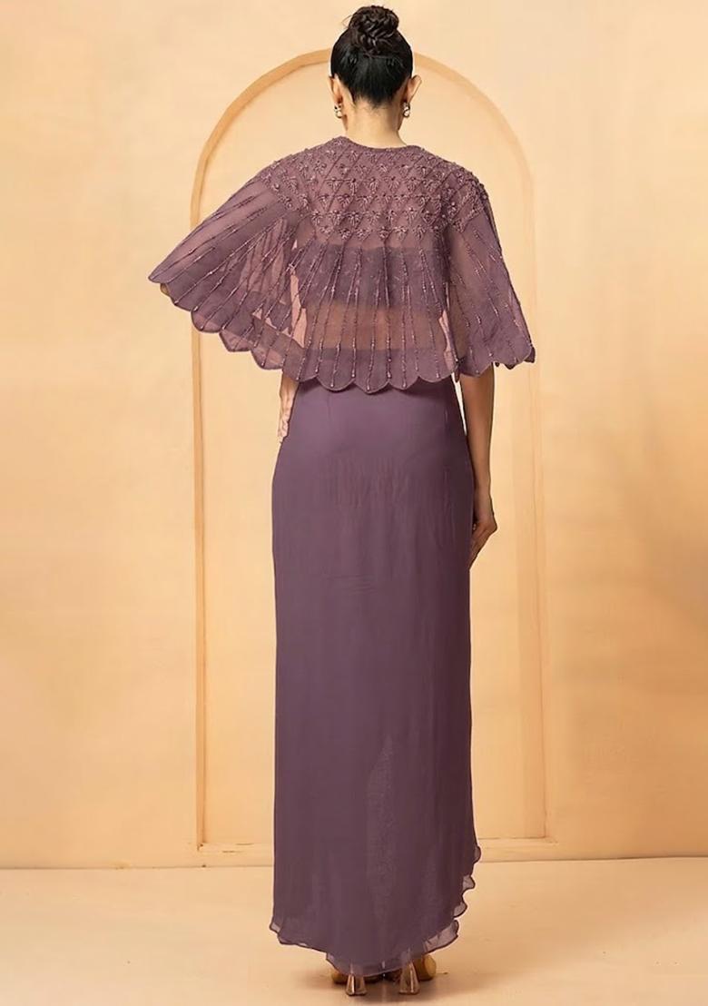 Mauve Purple Hand Work Chiffon Fusion Set - Indya