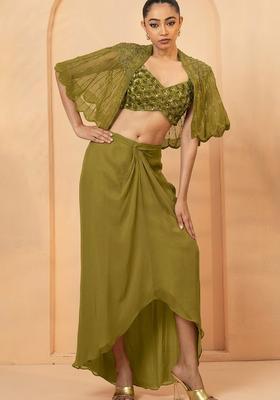 Olive Green Hand Work Chiffon Fusion Set
