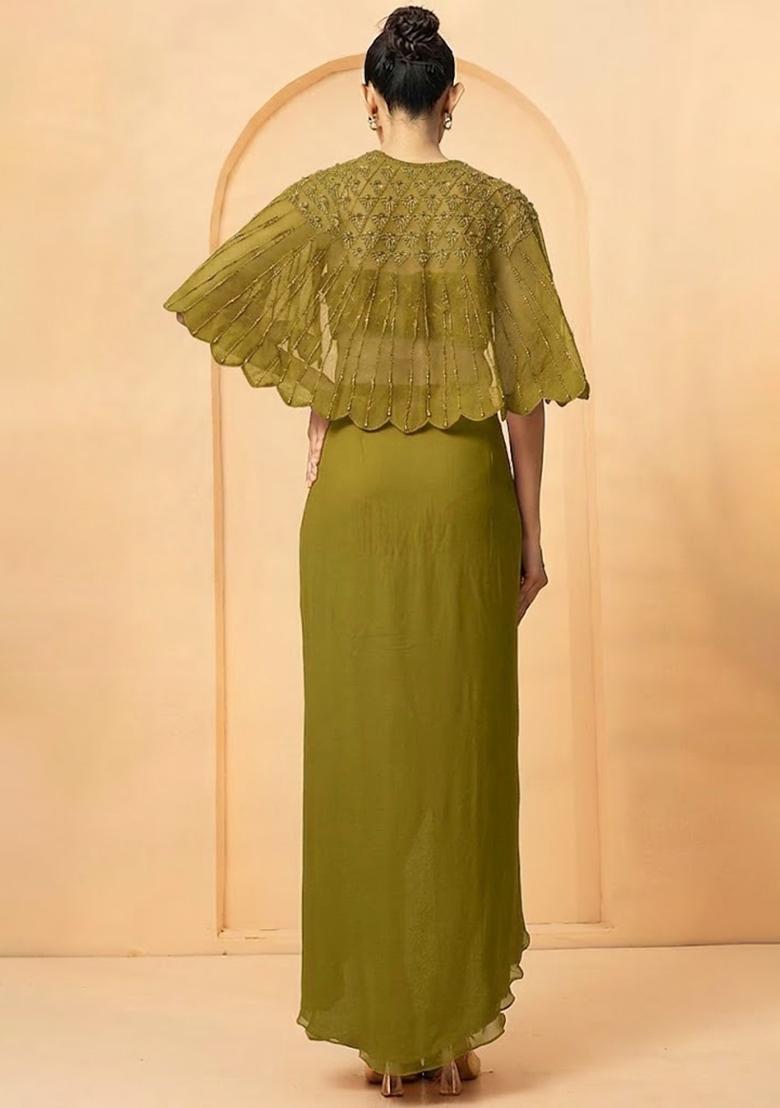 Olive Green Hand Work Chiffon Fusion Set - Indya