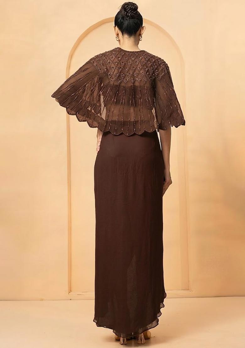 Brown Hand Work Chiffon Fusion Set - Indya