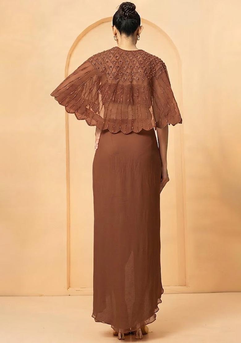 Brown Hand Work Chiffon Fusion Set - Indya