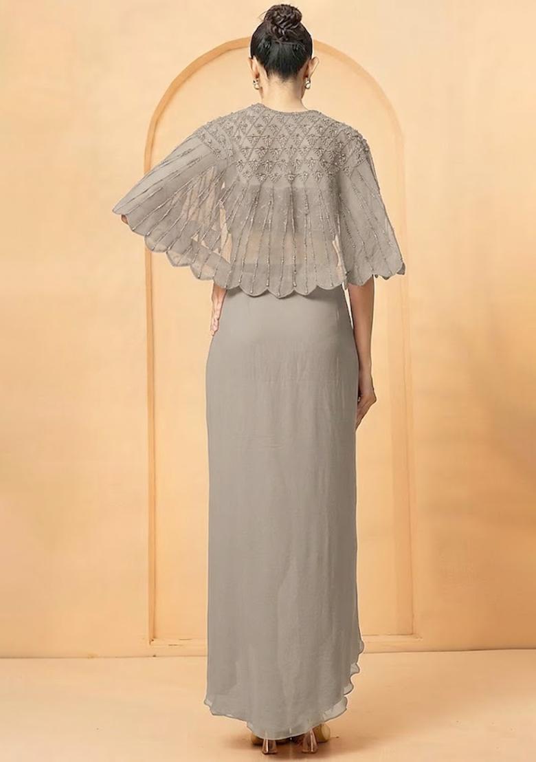 Grey Hand Work Chiffon Fusion Set - Indya