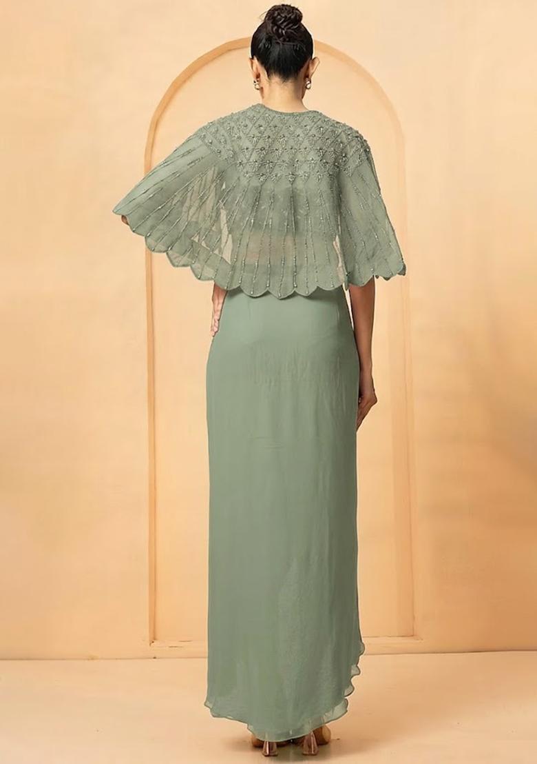 Sage Green Hand Work Chiffon Fusion Set - Indya