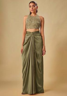 Olive Green Hand Work Crepe Fusion Set