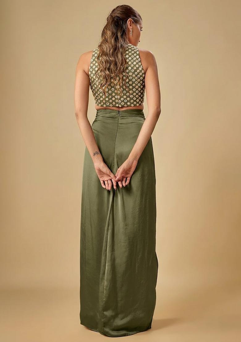 Olive Green Hand Work Crepe Fusion Set - Indya