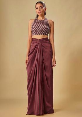 Brown Hand Work Crepe Fusion Set