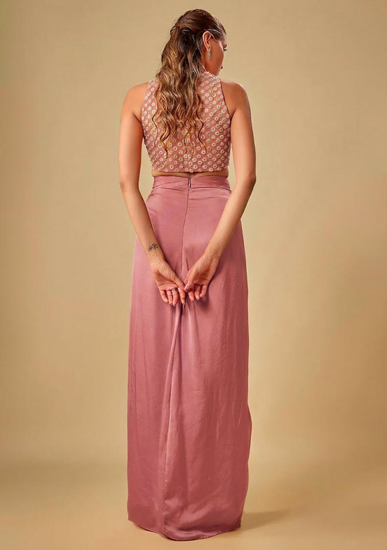 Pink Hand Work Crepe Fusion Set - Indya