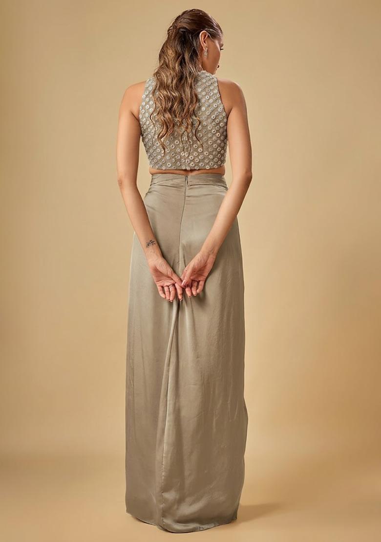 Grey Hand Work Crepe Fusion Set - Indya