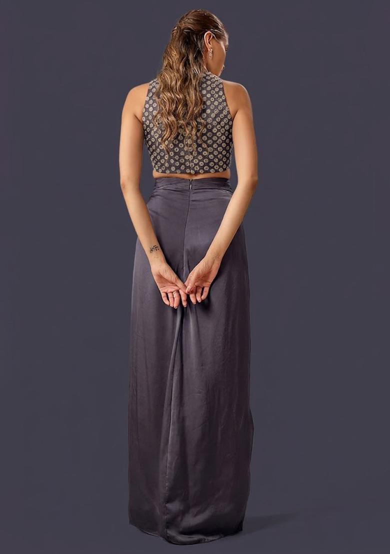 Midnight Blue Hand Work Crepe Fusion Set - Indya