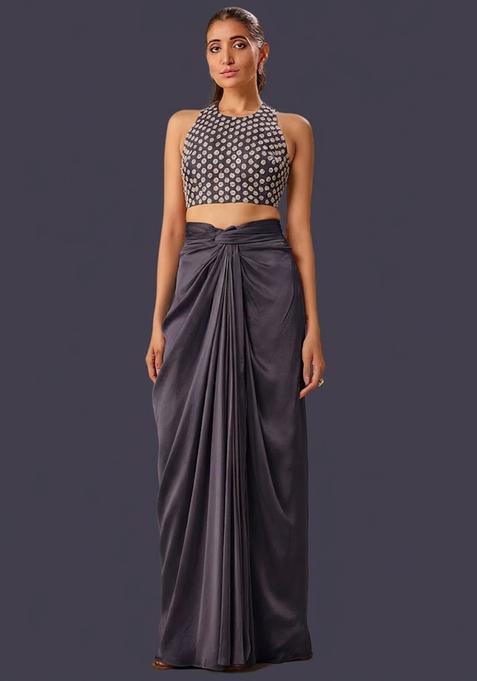 Midnight Blue Hand Work Crepe Fusion Set