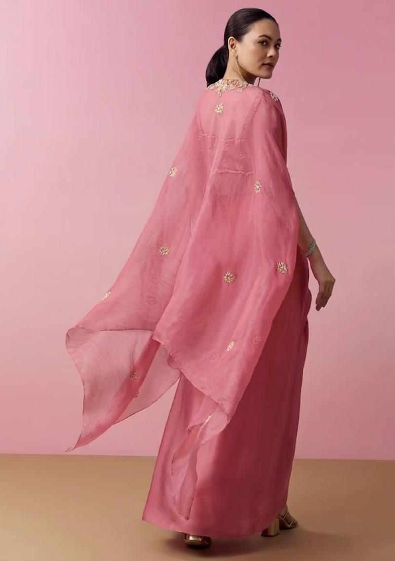 Dusty Pink Hand Work Crepe Fusion Set - Indya