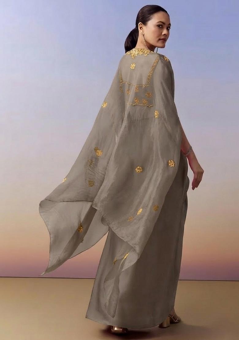 Grey Hand Work Crepe Fusion Set - Indya