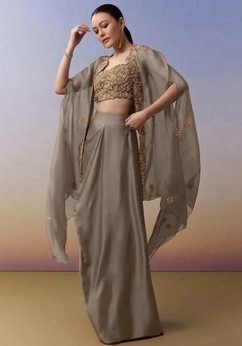 Grey Hand Work Crepe Fusion Set