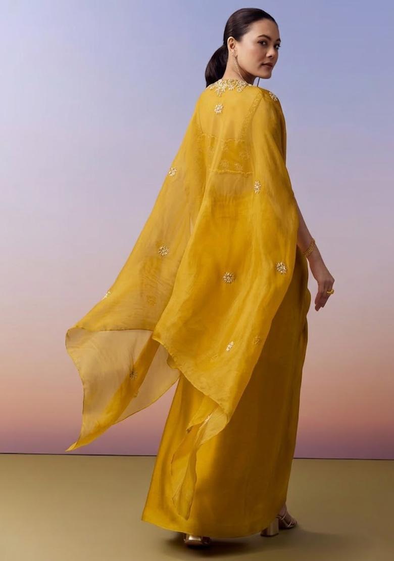 Mustard Hand Work Crepe Fusion Set - Indya