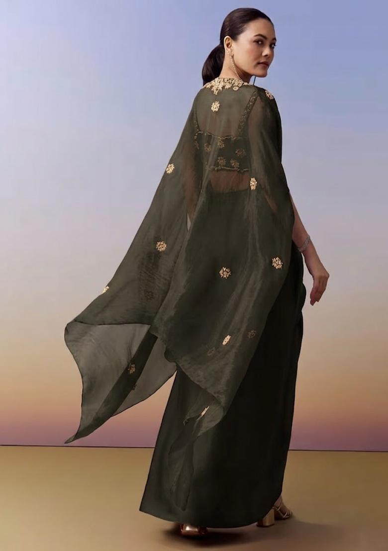 Black Hand Work Crepe Fusion Set - Indya