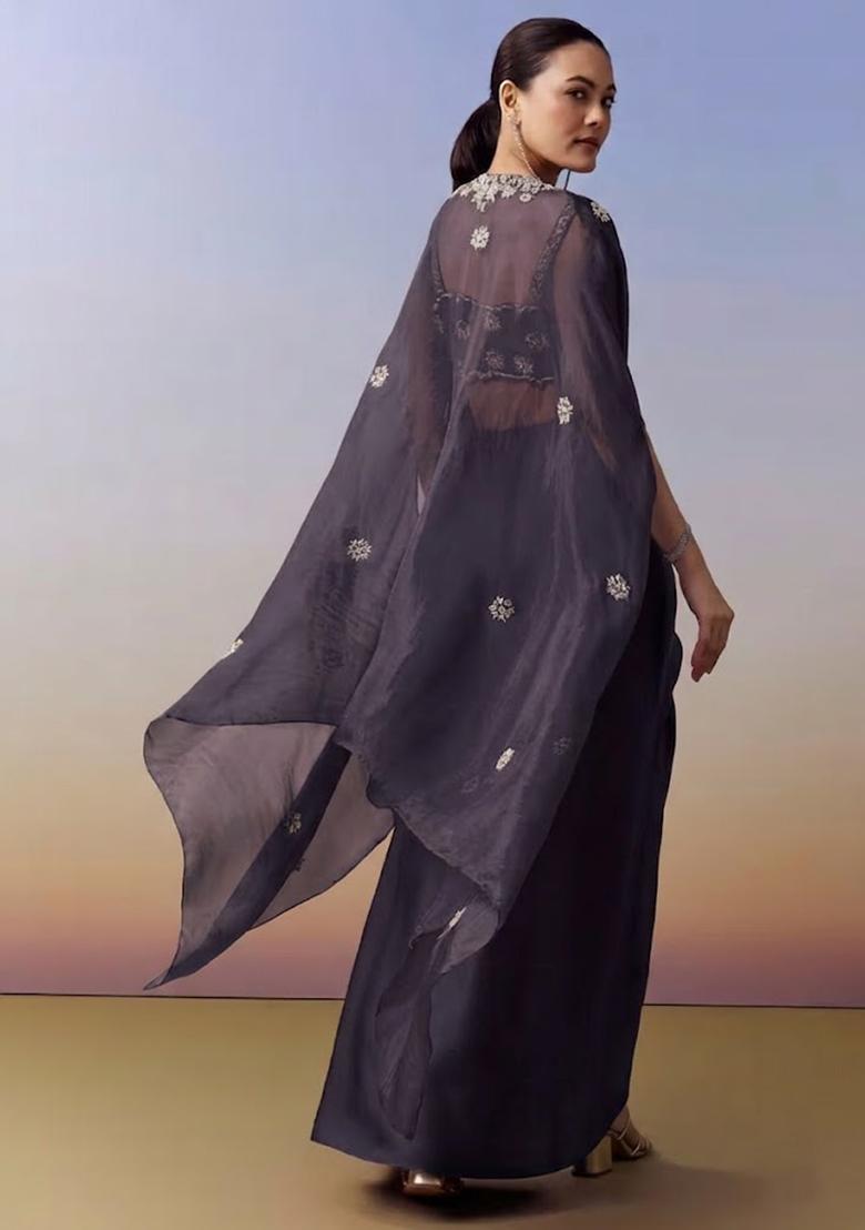 Midnight Blue Hand Work Crepe Fusion Set - Indya