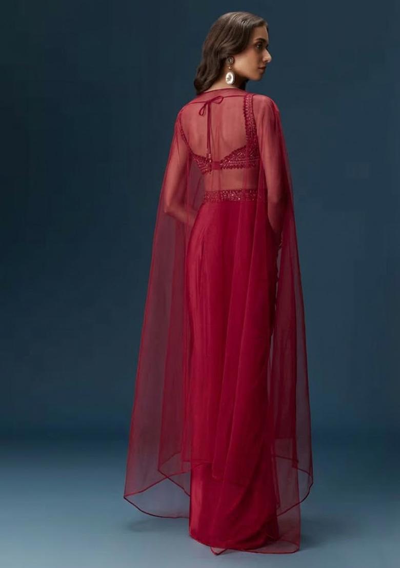 Wine Red Hand Work Satin Fusion Set - Indya
