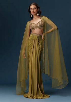 Olive Green Hand Work Satin Fusion Set