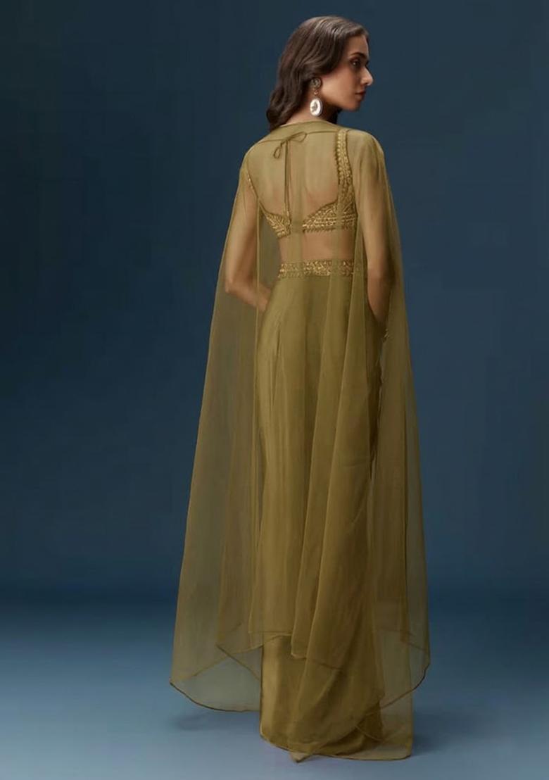 Olive Green Hand Work Satin Fusion Set - Indya
