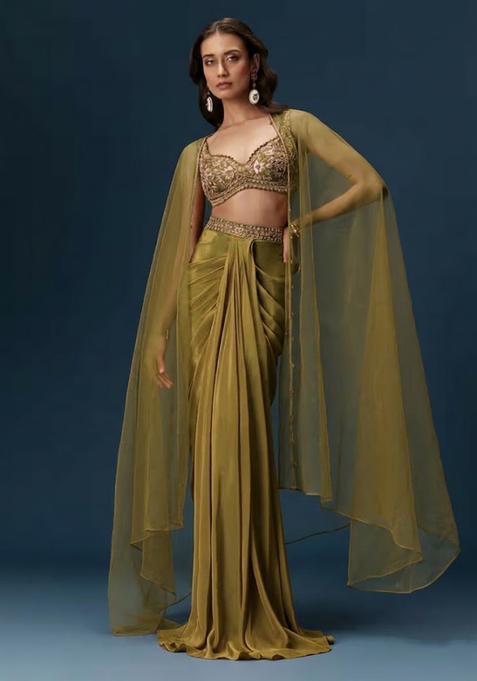 Olive Green Hand Work Satin Fusion Set