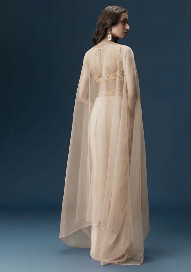 Off White Hand Work Satin Fusion Set - Indya