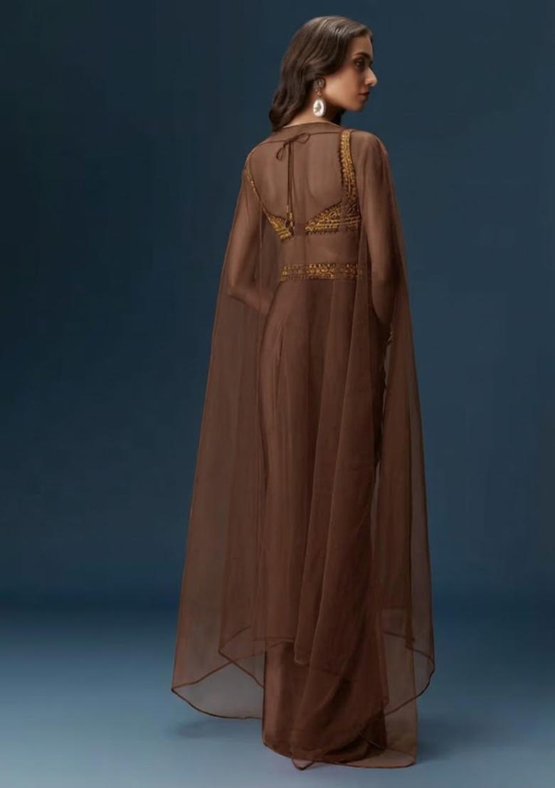 Brown Hand Work Satin Fusion Set - Indya