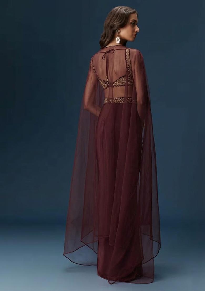 Burgundy Hand Work Satin Fusion Set - Indya