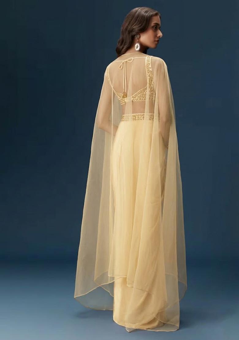 Yellow Hand Work Satin Fusion Set - Indya